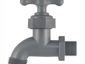 Llave de chorro plástica,Con maneral rojo, medida 3/4" fondo:7 cm Llave de chorro metálica,Color gri
