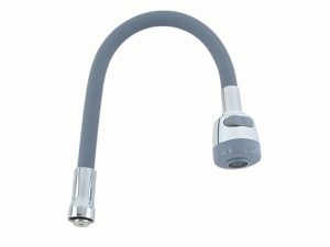 grifo flexible de plástico con acabado cromado y botón selector de chorro, permite grifo flexible de