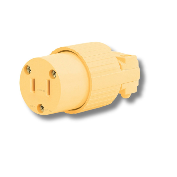 Clavija hembra industrial 3 polos, 125V 15A, plástico reforzado amarillo, conexión Clavija hembra in