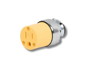 Clavija hembra metálica con base amarilla, 125V 15A, tipo industrial, conexión a Clavija hembra indu