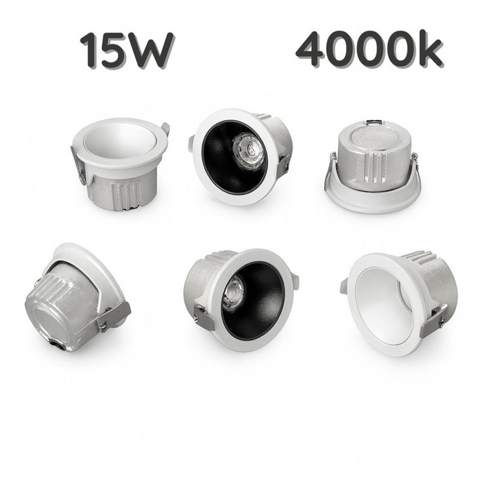Downlight 15W (real 14.5-15W), AC85-265V, 105x65mm, corte 95mm, lente 24°, Downlight 15W (real 14.5-